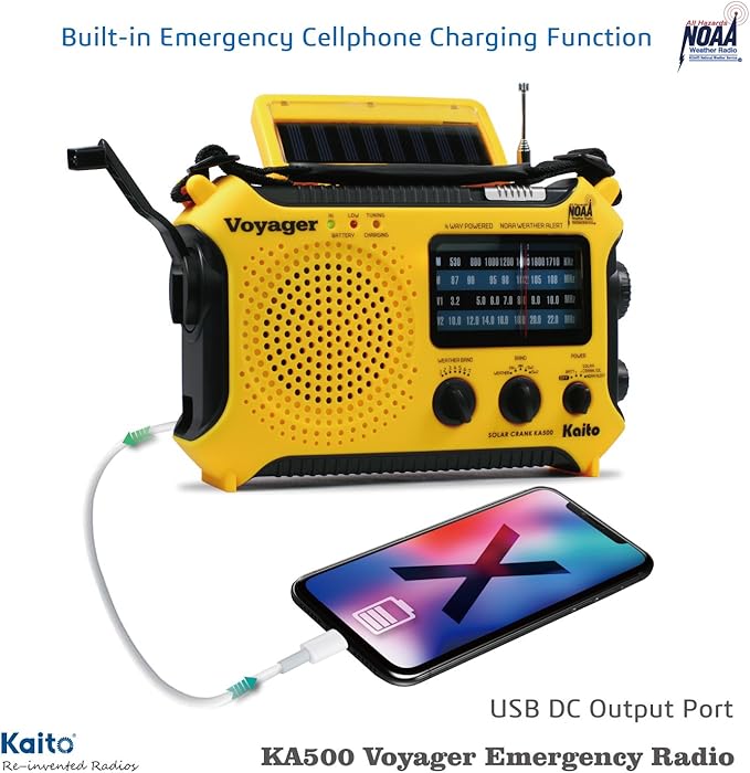 Kaito KA500 5-way Powered Solar Power,Dynamo Crank, Wind Up Emergency AM/FM/SW/NOAA Weather Alert Radio with Flashlight,Reading Lamp and Cellphone Charger, Yellow