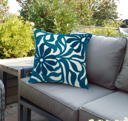 Alysheer Farmhouse Floral Leaves Embroidered Decorative Throw Pillow Cover 18x18 inches, Boho Tufted Flowers Embroidery Pattern Chic Cotton Cushion Case for Couch Bed Sofa Living Room(Teal Blue)