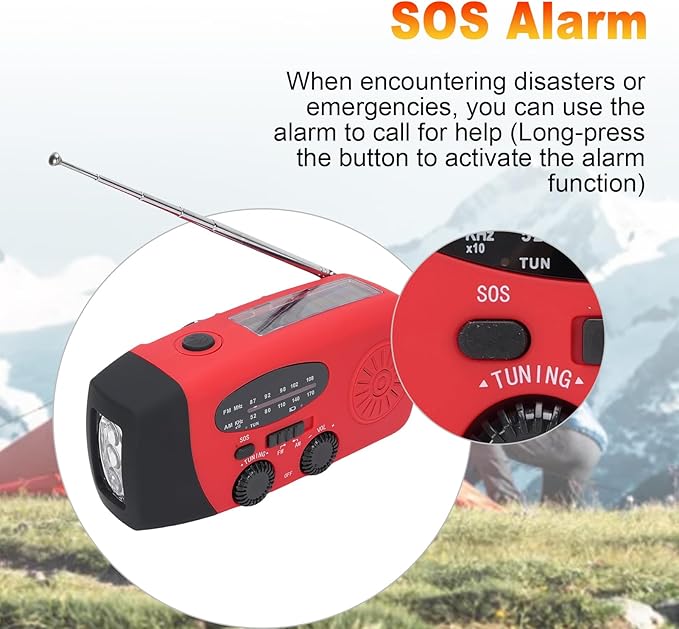 2000mAh Wind Up Radio, Portable Solar Emergency Radio with SOS Alarm, AM FM Weather and Torch, for Power Outage Camping Hiking (Red)