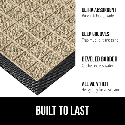 GORILLA GRIP 100% Waterproof All-Season WeatherMax Doormat US Designed Natural Rubber, Stain and Fade Resistant, Low Profile Indoor Outdoor Door Mats, Easy Clean Patio Mat, 17x29, Taupe Grid