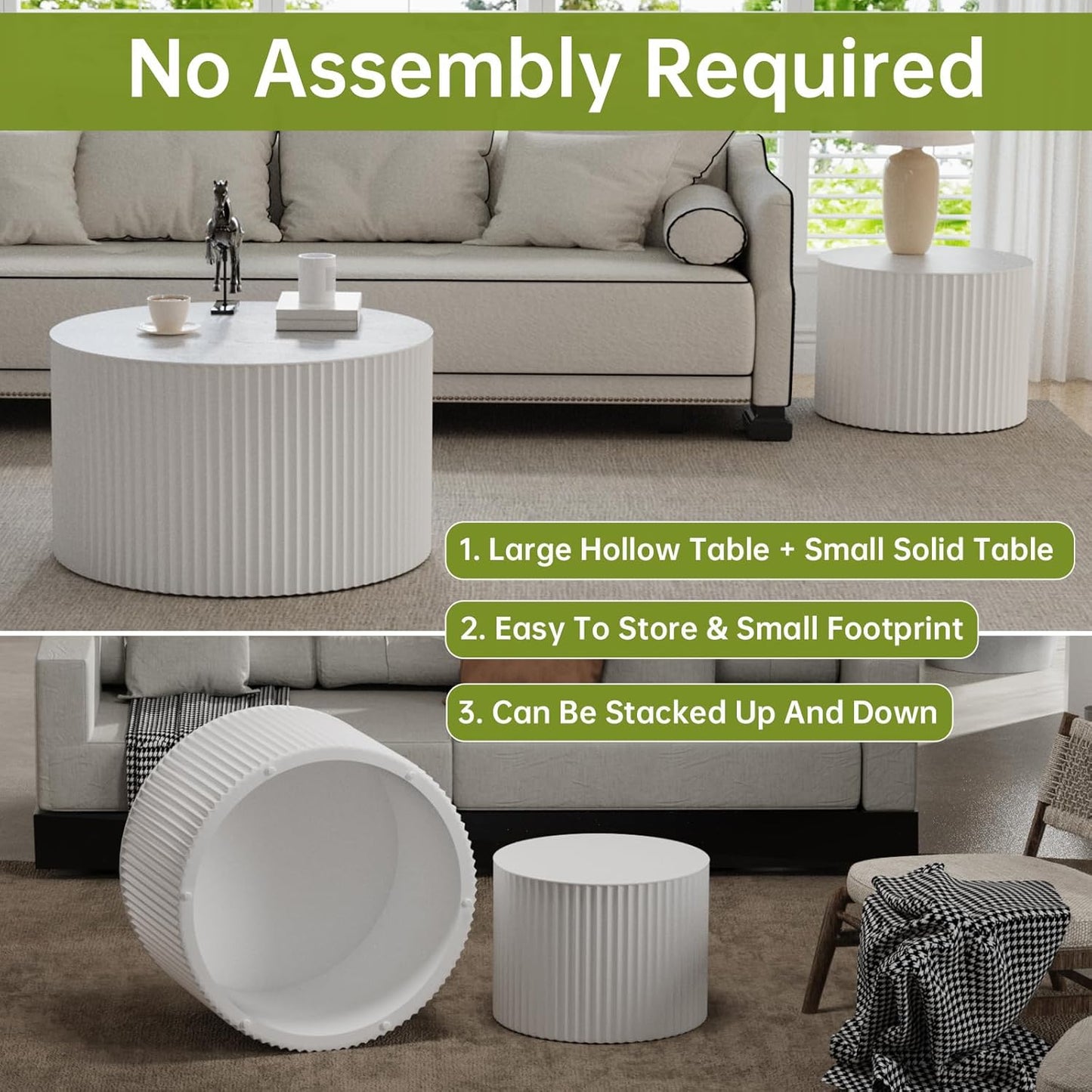 Round Nesting Coffee Table Modern White Fluted Coffee Table Set of 2 for Living Room Circle Drum Coffee Tables Round Nesting Tables for Small Spaces (White B 27in)