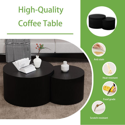 Round Coffee Table Set of 2, Nesting Coffee Table and End Table Set Small Circle Drum Side Table for Living Room Office, No Assembly (D Black Crescent)