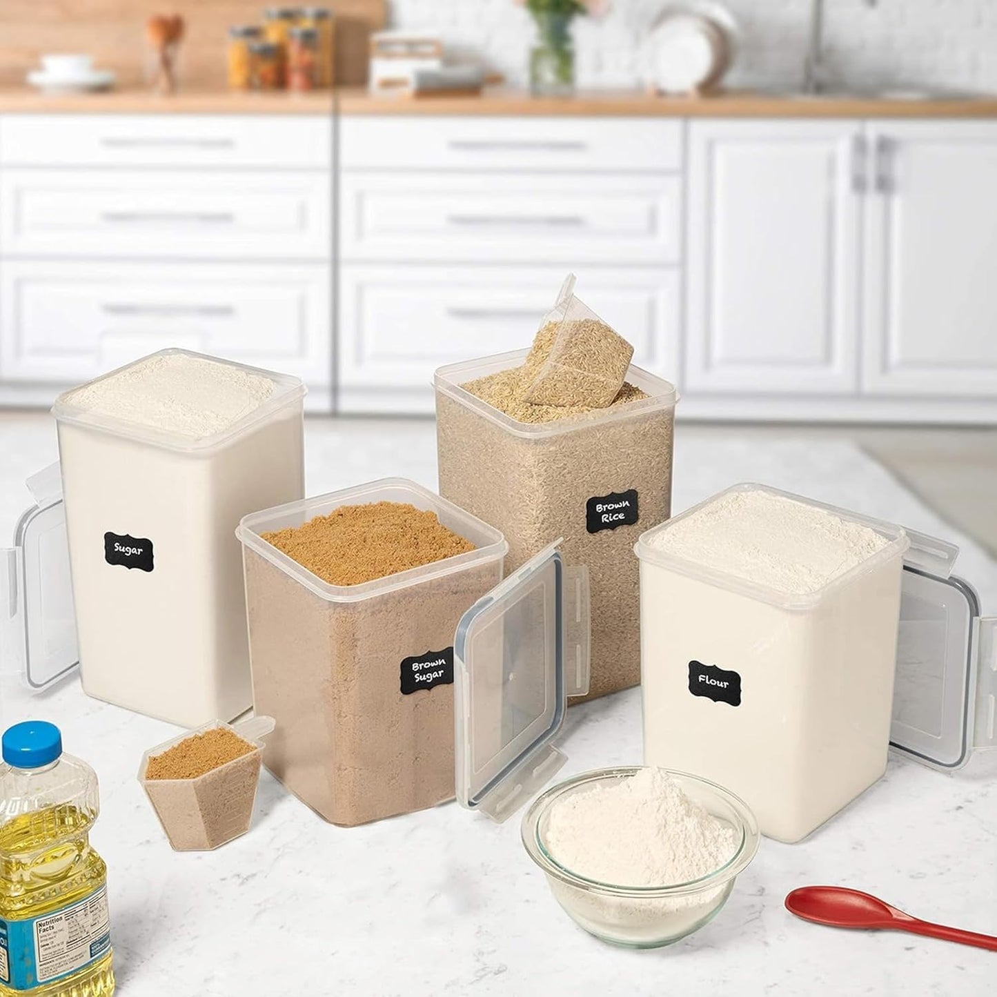 WHITE FEATHER SUPPLIES 4 Pc Flour Sugar Storage Container, Large Food Storage Containers with Lids Airtight for Kitchen, BPA Free Plastic Cereal Containers Storage [2 X 6.5 + 2 X 5.2] 4 Measuring Cup
