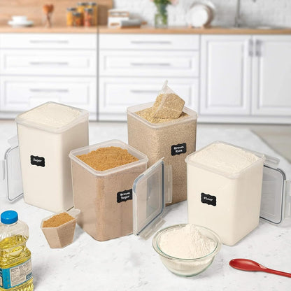 WHITE FEATHER SUPPLIES 4 Pc Flour Sugar Storage Container, Large Food Storage Containers with Lids Airtight for Kitchen, BPA Free Plastic Cereal Containers Storage [2 X 6.5 + 2 X 5.2] 4 Measuring Cup