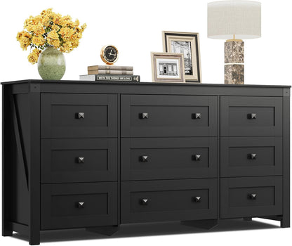 WLIVE Farmhouse Dresser for Bedroom, 63" Wide 9 Drawer Dresser Storage Organizer, Wood Chest of Drawers for Bedroom, TV Stand for 70 inch TV, for Living Room, Hallway, Ball Bearing Slide (Black)