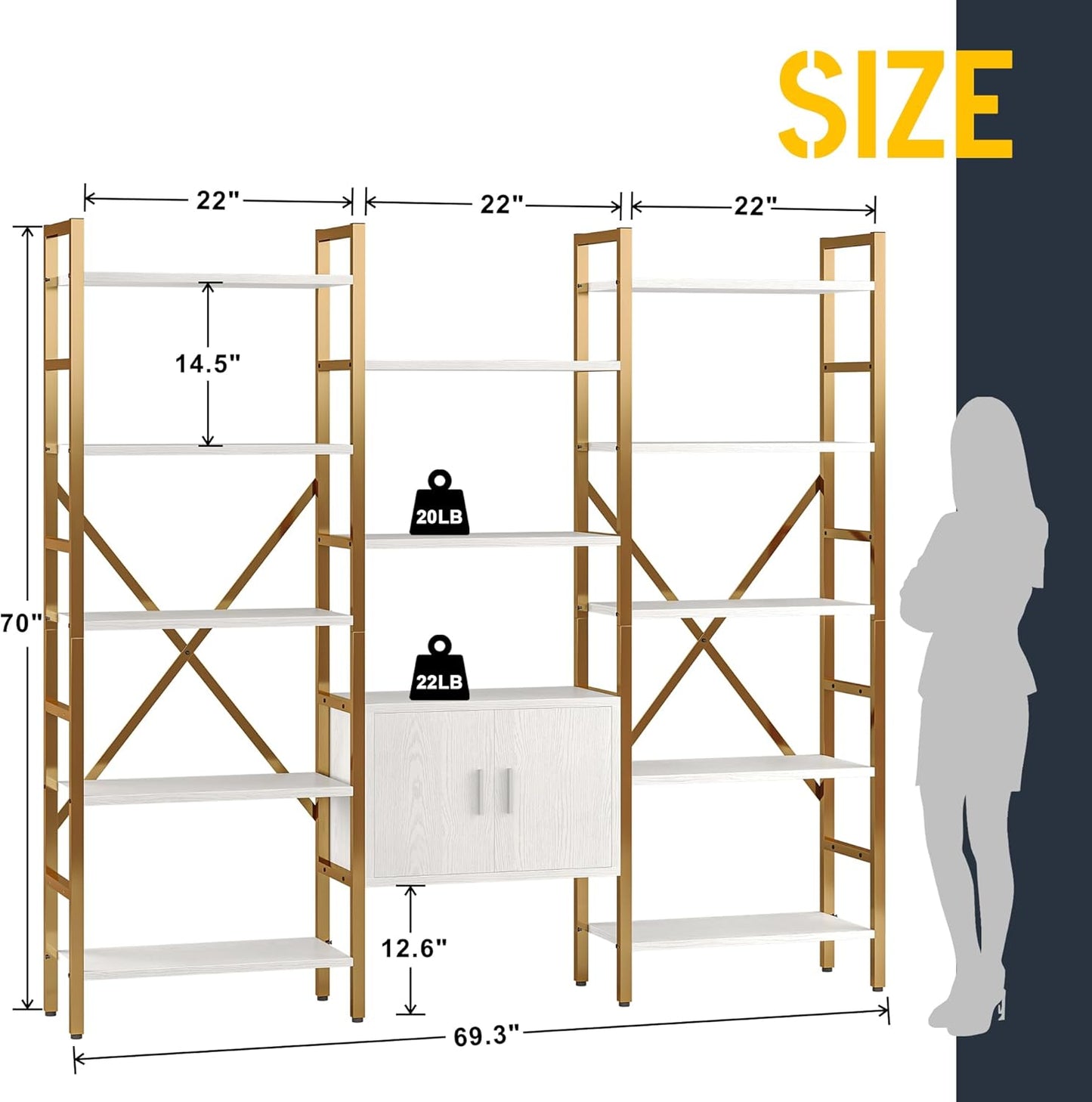 Triple 5 Tier Bookshelf, Industrial Large Bookcase with Storage Cabinet, Tall Gold Bookshelf with 14 Open Display Shelves Metal Frame Furniture for Living Room Bedroom Home Office Gold & White