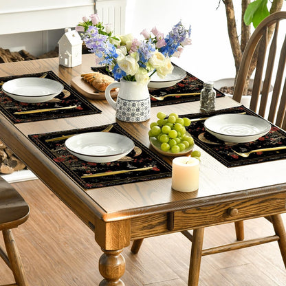 Artoid Mode Black Poppy Moth Moon Placemats Set of 4, 12x18 Inch Floral Spring Table Mats for Outdoor Home Party Kitchen Dining Decor