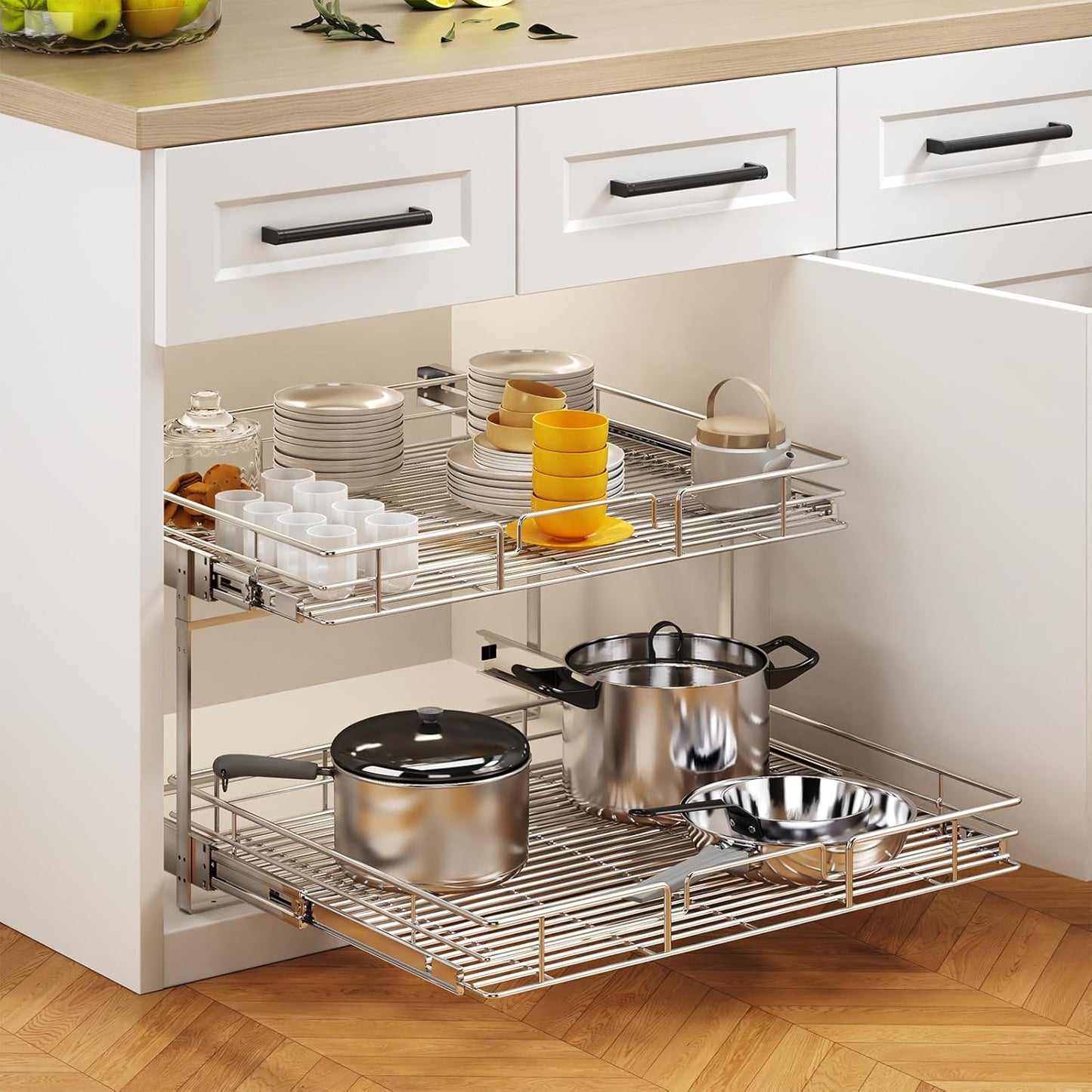 2 Tier Individual Pull Out Cabinet Organizer 28½" W x 21½" D, Heavy Duty Cabinet Pull Out Shelves, Slide Out Drawers Organization for Kitchen Cabinets Bathroom