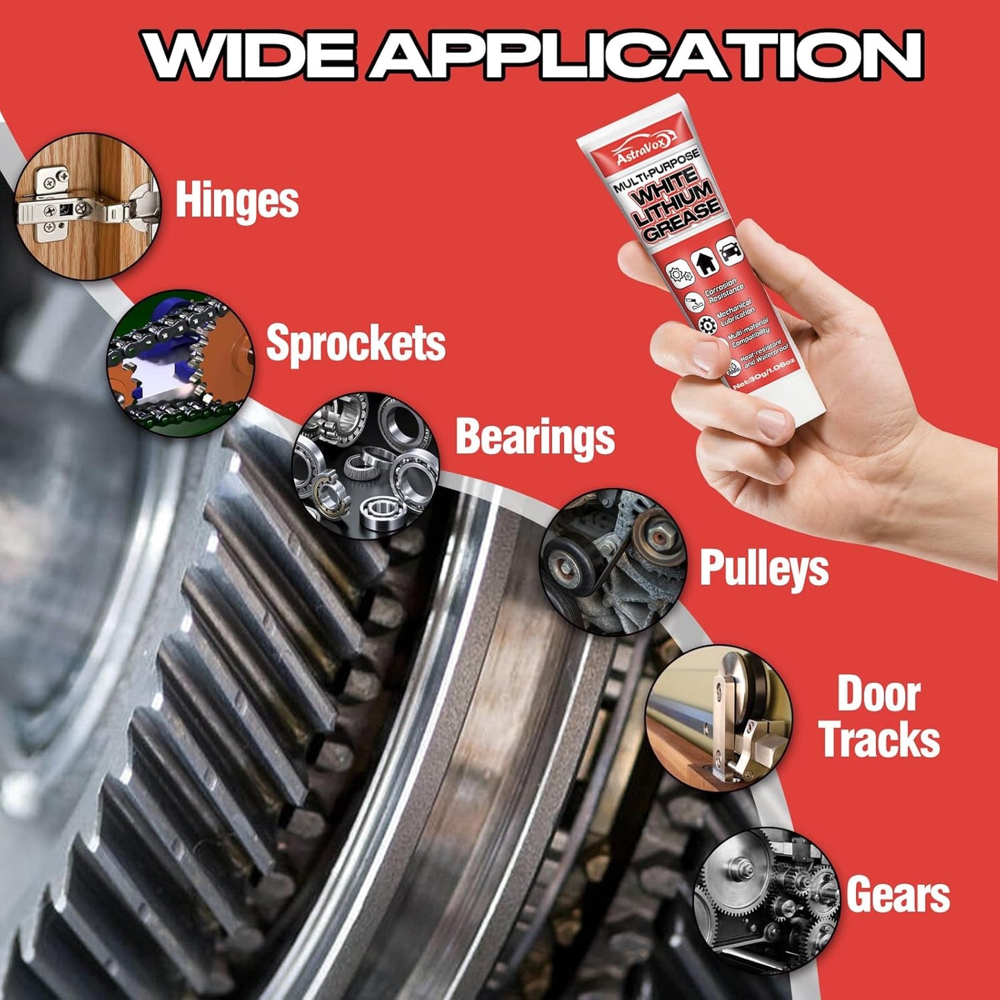 AstraVox White Lithium Grease, Multi-Purpose Lubricant Lithium Grease with Brush for Hinges, Bearings, Gears, and Garage Doors, Ideal for Automotive, Marine, Industrial, and Household Use (1)