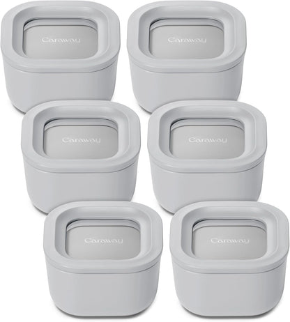 Caraway 6pc Food Storage Container Set - 1.75 Cup Glass Storage Container for Food (6) - Non-Toxic Ceramic-Coated Glass - Air Release Technology - Compact & Stackable Design - Gray