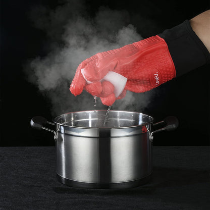 Kitchen Oven Gloves - Dual-Layer Heat Resistant Grilling Gloves, Silicone Oven Mitts with 5 Fingers, Waterproof Non-Slip Pot Holder for Barbecue, Cooking, Baking (Red, Long)