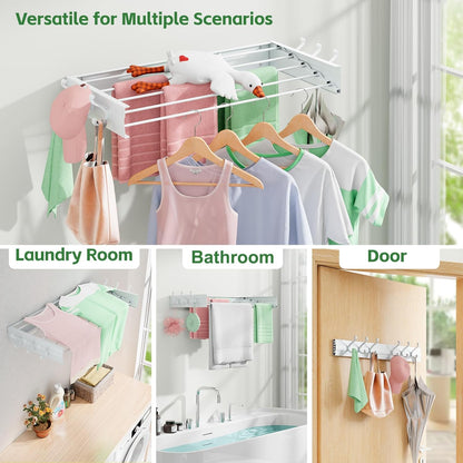 BAKON Clothes Drying Rack Wall Mounted 40", Laundry Clothes Drying Rack Collapsible with 6 Towel Hooks and 5 Rods for Hanging Clothes, Space Saving Laundry Rack for Small Space Bathroom Bedroom(40")