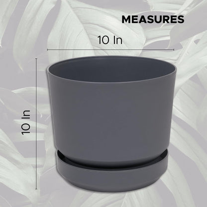 Elly Décor 10 inch Plastic Cylinder Planter Pot with Self-Watering Saucer and Drainage Hole,Lightweight & Extremely Durable, 10"x 10", Light Gray