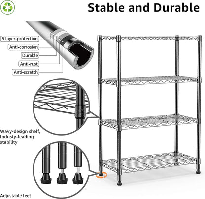 1000 lbs Storage Shelving Steel Heavy Duty 4-Tier Utility Shelving Unit Steel Organizer Wire Rack for Home,Kitchen,Office,Black (13.7" D x 23.6" W x 53.4" H)