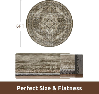 AMOAMI 6FT Round Rug - Vintage Soft Coffee & Brown Rugs for Living Room, Bedroom, Dining Room, Office - Non Slip, Machine Washable