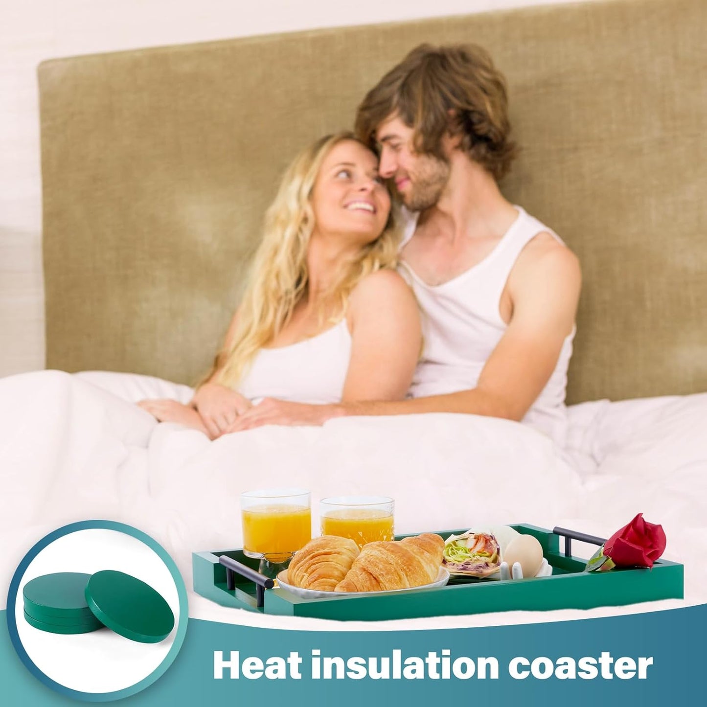 Ottoman Coffee Table Decorative & Serving Tray, 17x13 Inch Wood Tray with 4 Wooden Coasters - Perfect for Ottoman & Breakfast