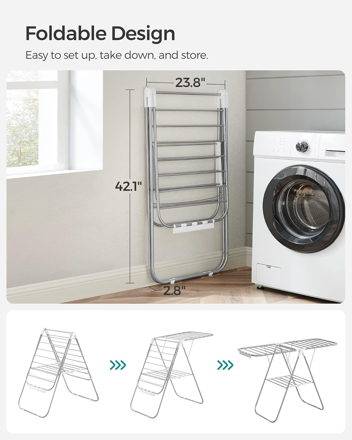 SONGMICS Clothes Drying Rack, with Sock Clips, Metal Laundry Rack, Foldable, Space-Saving, Free-Standing Airer, with 2 Height-Adjustable Gullwings, Indoor Outdoor Use, Silver and White ULLR052W01