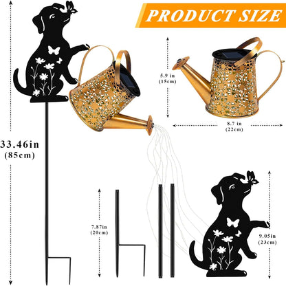 Solar Lights Outdoor Decorative, Watering Can with Cascading Lights, with Dog Silhouette Garden Stakes, Waterproof Metal Garden Decor for Yard Art, Outside, Patio, Lawn Ornaments(1 Pack)