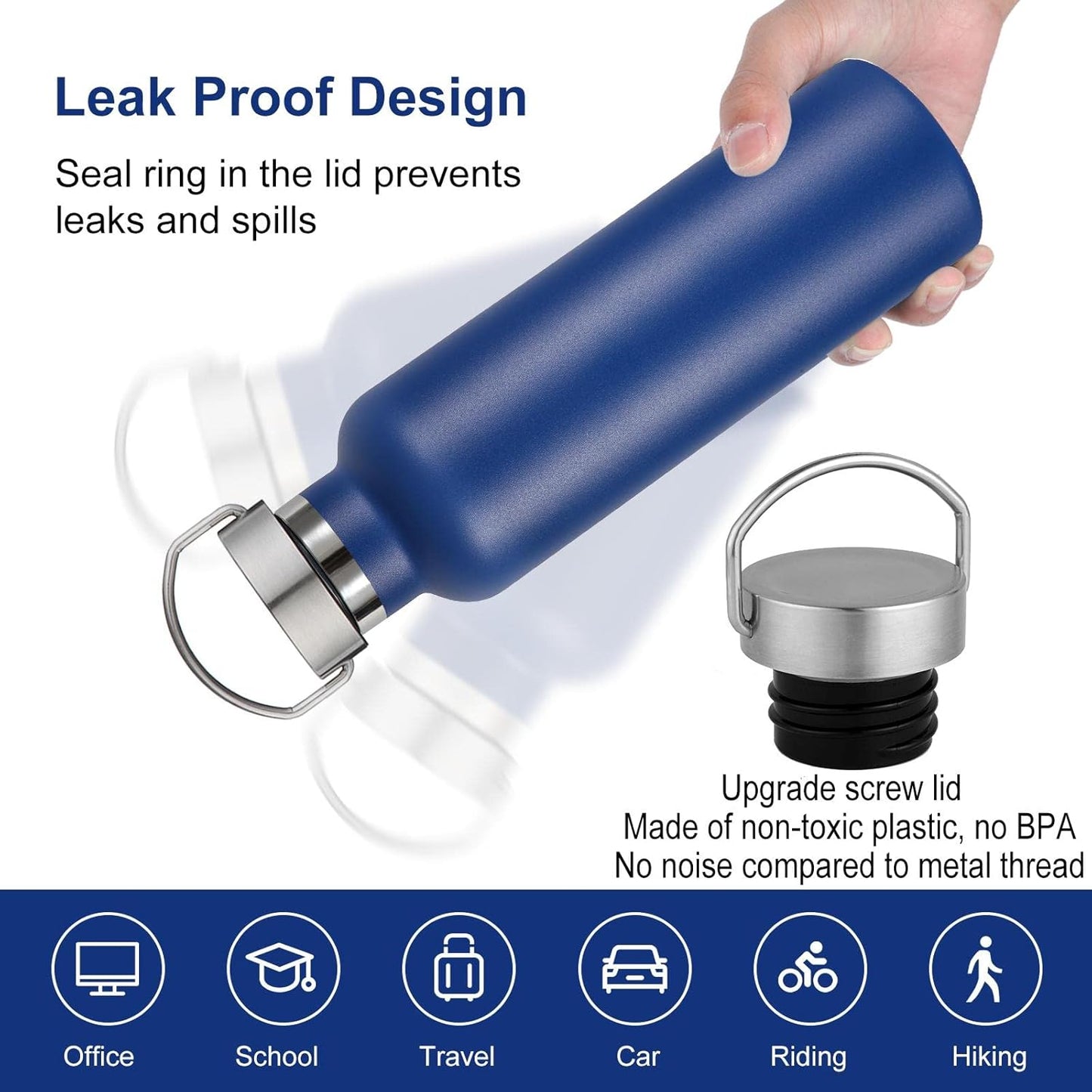 Neihepal Navy Stainless Steel Water Bottles,20 Ounce Vacuum Insulated Double Wall Travel Bottle with Leak Proof Lid of Handle,Metal Reusable Standard Mouth Flask Thermoses for School,Hikers,Gift