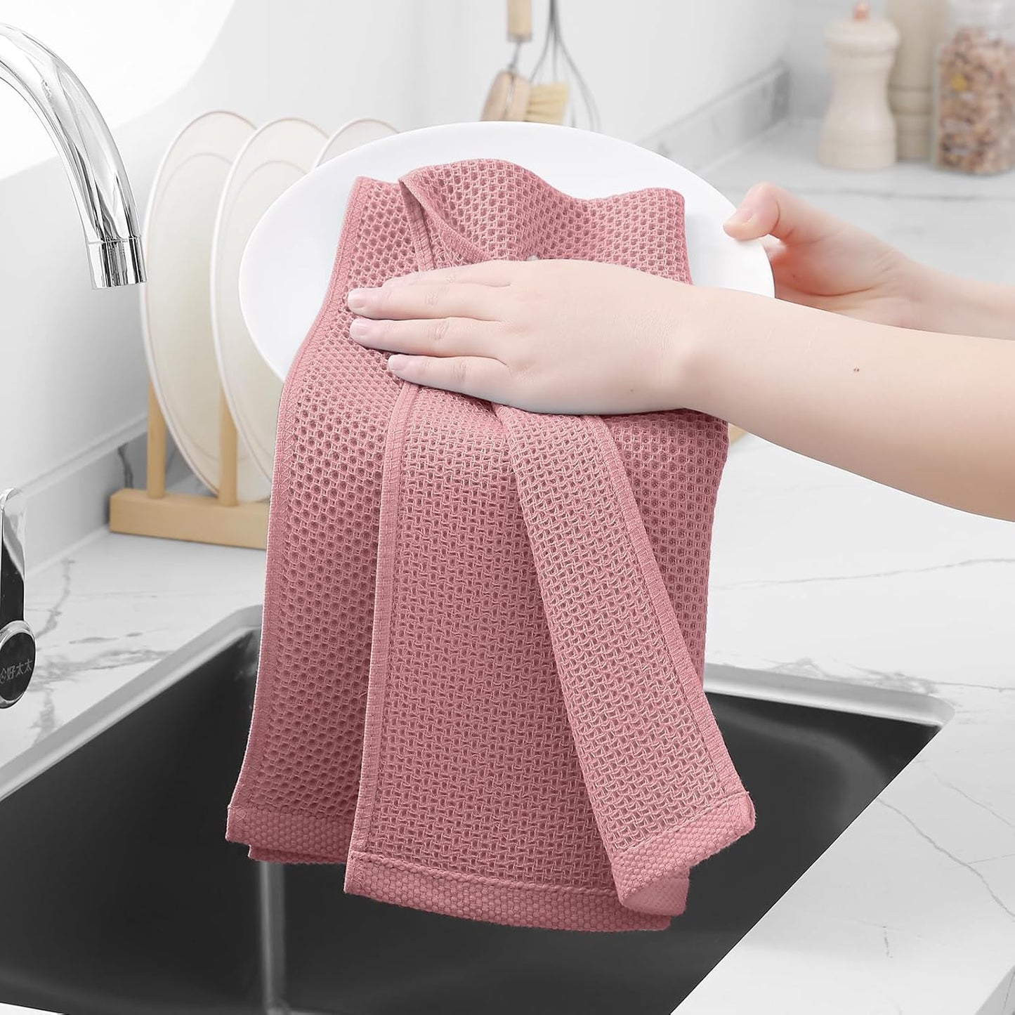 Homaxy 100% Cotton Waffle Weave Kitchen Dish Towels, Ultra Soft Absorbent Quick Drying Cleaning Towel, 13 x 28 Inches, 6-Pack, Dried Rose