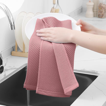 Homaxy 100% Cotton Waffle Weave Kitchen Dish Towels, Ultra Soft Absorbent Quick Drying Cleaning Towel, 13 x 28 Inches, 4-Pack, Dried Rose