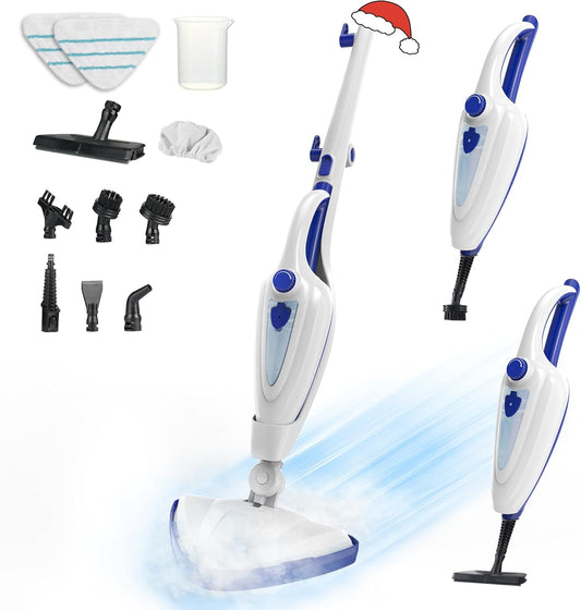 12-in-1 Steam Mop, Fast 15-Sec Heat-Up, 1500W Detachable Handheld Steam Cleaner with 2 Dirt Grip Pads, Removes 99.99% Stubborn Stains for Hardwood Floors, Clothes, Windows, Tiles, Furniture, Blue