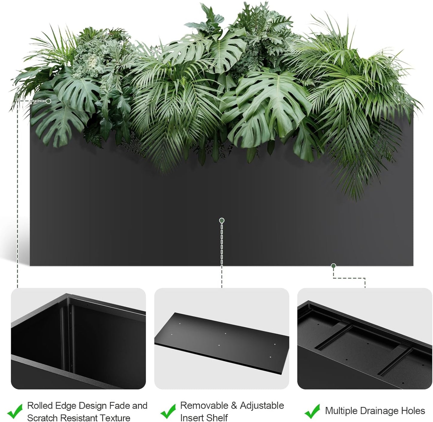 Long Metal Cube Planter for Outdoor Plants 15" W x 38" L x 16.25" H, Heavy Duty Steel Rectangular Planter Box with Removable Insert Shelf, Modern Décor for Outside, Indoor, Garden (Black)