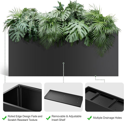 Long Metal Cube Planter for Outdoor Plants 15" W x 38" L x 16.25" H, Heavy Duty Steel Rectangular Planter Box with Removable Insert Shelf, Modern Décor for Outside, Indoor, Garden (Black)
