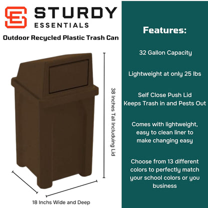 32 Gallon Square 100% Recycled Plastic Heavy Duty Outdoor Trash Can with Push Lid - Great for Schools and Businesses - Brown Granite