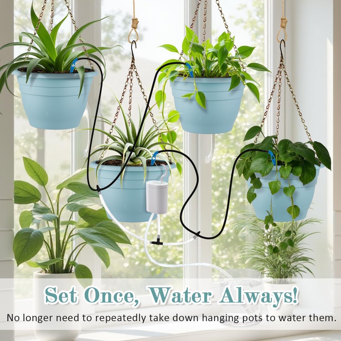 Hanging Planters 10 Inch, 4 Pcs Flower Pots Automatic Watering System Set, Self Watering Hanging Basket with Drainage Hole for Indoor Outdoor Plants, Decor, Blue