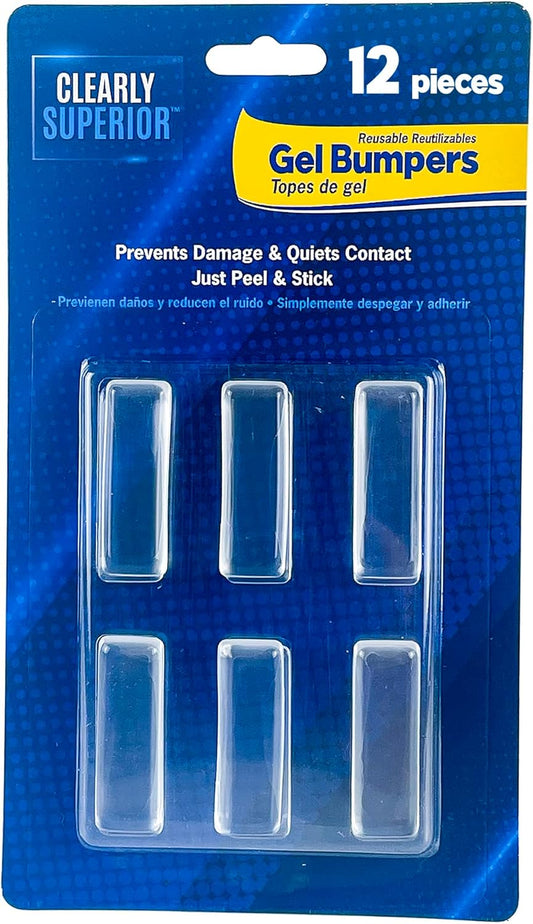 12-Pack Clearly Superior Gel Bumpers. Small Rectangle 1.5" x .5" Protects Surfaces & Quiets Contact. Use on Furniture, Doors, Cabinets, Walls & Appliances. Self Adhesive, Just Press to Apply