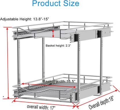 DINDON 2 Tier Pull Out Cabinet Organizer (17" W x 18" D) Heavy-Duty Metal Sliding Drawer Shelf, Two Tier Pull Out Shelves for Kitchen Cabinets, Pantry, Bathroom, Chrome Finish