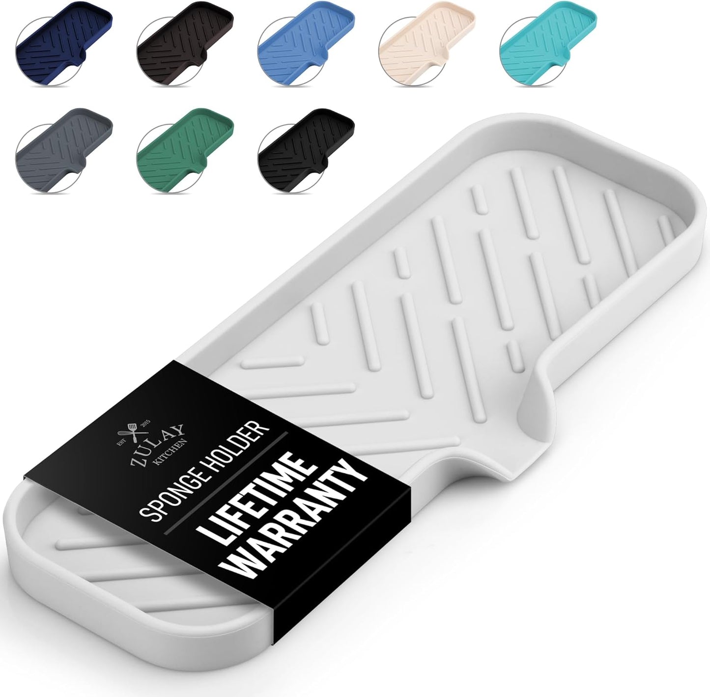 Zulay Kitchen Large Silicone Sponge Holder (12x4) – Flexible Sink Organizer Tray for Kitchen & Bathroom – Multipurpose Soap Dish for Sponges, Makeup, Trinkets & More (White)