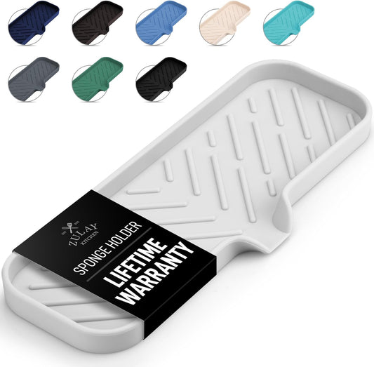 Zulay Kitchen Large Silicone Sponge Holder (12x4) – Flexible Sink Organizer Tray for Kitchen & Bathroom – Multipurpose Soap Dish for Sponges, Makeup, Trinkets & More (White)