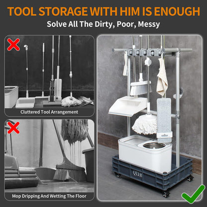 Broom mop holder cleaning supplies organizer janitorial carts on wheels housekeeping station storage tools for garage, garden, closet, cabinet.