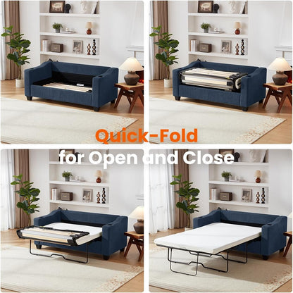 Pull Out Sofa Bed, Full Size Sleeper Sofa, 2-in-1 Convertible Corduroy Couch with USB Charging, Memory Form Couch for Living Room, Apartment and Small Space (Navy Blue, Corduroy - Full Size)