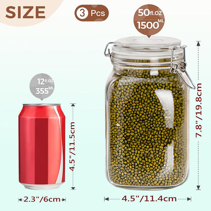 Clear Food Storage Jars 50oz Square, Airtight Glass Canister with Lids Set of 3, Kitchen & Pantry Organization Food Storage Container for Canning, Sugar, Flour, Candy, Cereal, Coffee