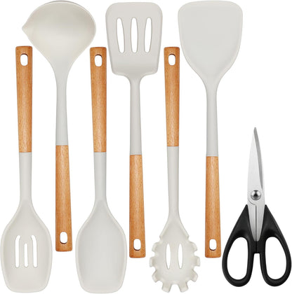 QMVESS Silicone Cooking Utensils Set, Kitchen Utensils Set 7 Pcs with Long Wooden Handle, Food Grade and Heat Resistant Large Silicone Spatula Set for Nonstick Cookware, BPA Free（White）