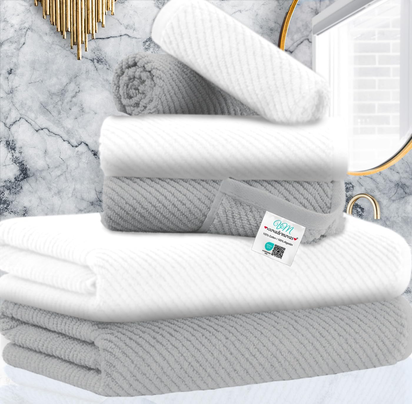 VOOVA & MOVAS Bathroom Towel Set - 100% Cotton | Soft | Quick Dry, Towel Set of 6, 2 Large Bath Towels 30"x56", 2 Hand Towels 18"x28", 2 Washcloths 13"x13", Bathroom Essentials, Grey and White