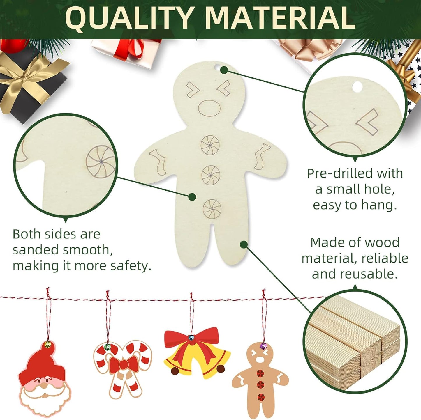 Wooden Christmas Ornaments, 176 PCS Unfinished Predrilled Wood Ornaments Set with 72 Blank Wood Slices in 9 Styles, 90 Bells and 12 Color Pens for Kids DIY Crafts and Christmas Hanging Decoration, A