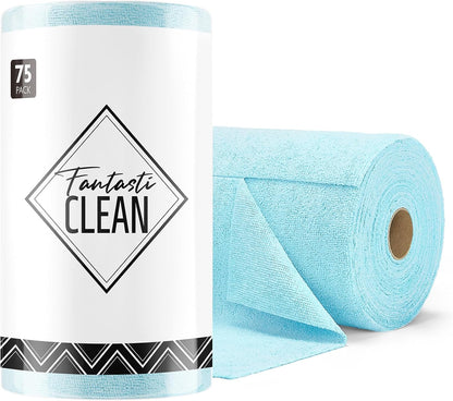 Fantasticlean Microfiber Cleaning Cloth Roll -75 Pack, Tear Away Microfiber Towels, 12" x 12", Reusable, Washable, Scratch Free, Ultra Absorbent Dish Rags for Car, Home, Garage or Shop (Blue)