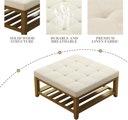 Large Square Ottoman Coffee Table, Linen Solid Upholstered Footrest Ottoman with Solid Wood Shelf Storage Tufted Coffee Table for Bedroom Living Room, Ivory