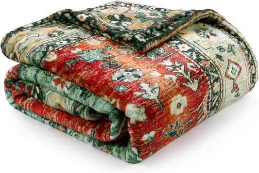 Lahome Boho Red Fluffy Bed Blanket, Reversible Soft Small Blankets for Couch, Decorative Fleece Throw Blankets for Women Home Retro Decor, Red 50''x60''