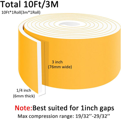 High Density Foam Weather Stripping Door Seal Strip, Insulation Tape Roll for Insulating Door Frame, Window, Air Conditioner, Strong Self Adhesive Sealing Weatherstrip (3 in x 1/4 in x 10 Ft)