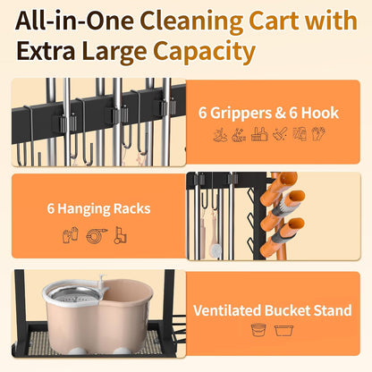 Cleaning Supplies Organizer with Broom Holder Load 160 LBS Cleaning Cart with Wheels Broom Closet Storage with 6 Mop Hanger Grippers, 3 Double-Hooks, Vacuum Stand for Laundry Garage Organization