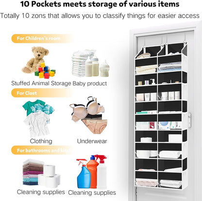 Over the Door Organizer 5 Tiers, Extra Large Behind Door Storage of 10 Compartments, 80 lbs Weight Capacity Hanging Storage Organizer with Clear Window Kids Toys, Shoes, Diapers, Room storage