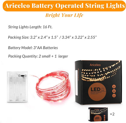 Led Fairy Lights Battery Operated, 2 Packs Mini Battery Powered Copper Wire Starry Fairy Lights for Bedroom, Christmas, Parties, Wedding, Centerpiece, Decoration (5m/16ft Red)