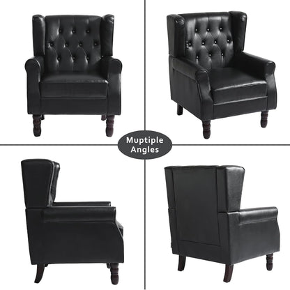 High Back Accent Chair,Upholstered Faux Leather Wingback Armchair with Solid Wood Legs for Small Spaces,Comfy Single Sofa Chair for Living Room,Bedroom,Office-Black