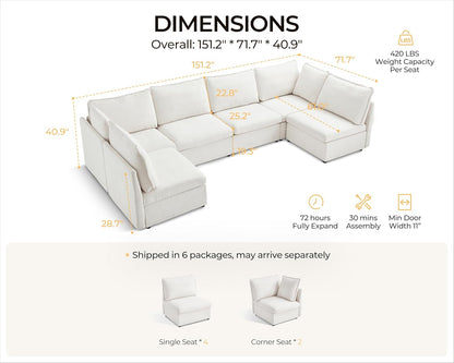 Oversized Modular Sofa Comfy Cloud Couch with Storage, Extra Deep Plush Sectional Sofa Set for Living Room, Covers Washable, Chenille, Olar (White, 6-Seater with 2 Corners, u-Shaped)