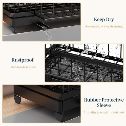 Consuemst Sponge Holder for Kitchen Sink - Auto Draining Sink Caddy Organizer with Detachable Rack, High Brush Holder, Kitchen Countertop Storage Accessories, Black